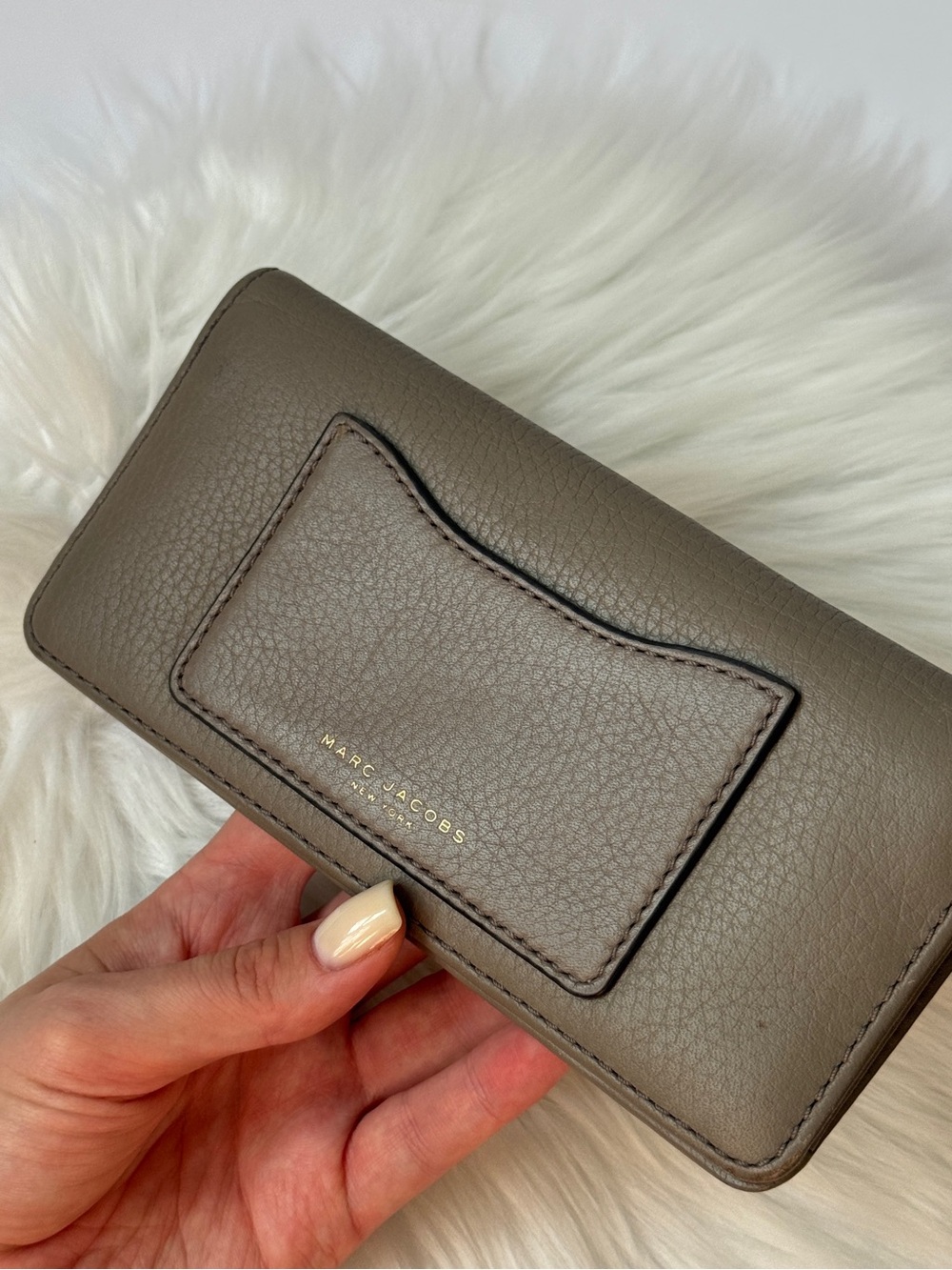 Marc Jacobs Pebbled Taupe Leather Wallet with Gold Logo